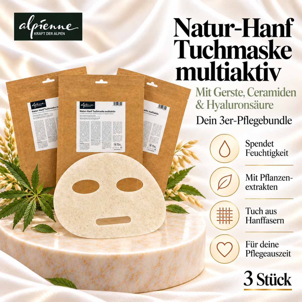 Alpienne Natur-Hanf Tuchmaske multiaktiv – 3er Set