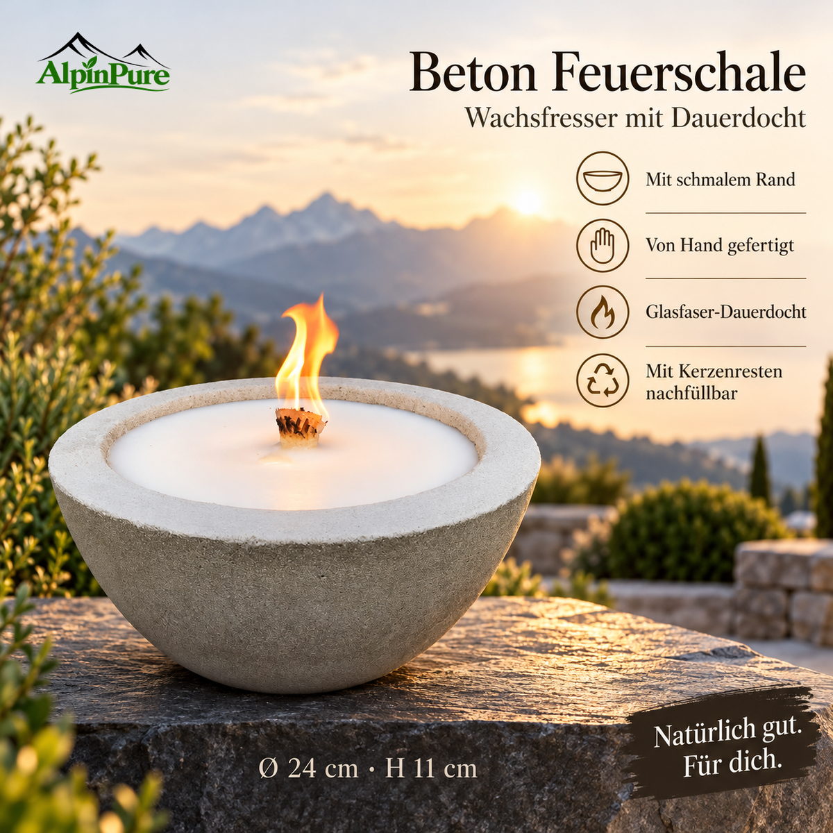 Beton Feuerschale – handgefertigtes Schmelzlicht mit Dauerdocht / schmaler Rand