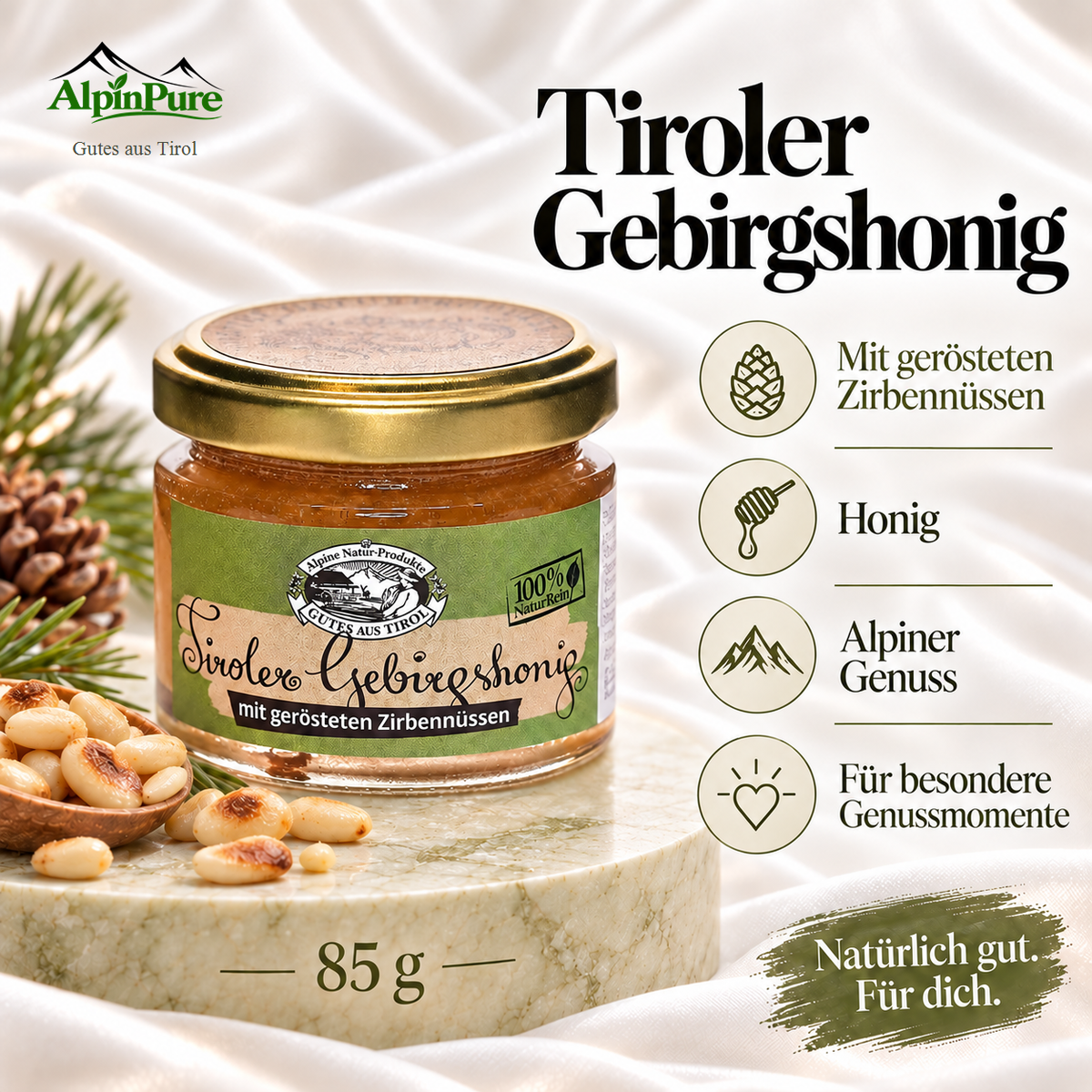 Alpine Tiroler Gebirgshonig mit gerösteten Zirbennüssen