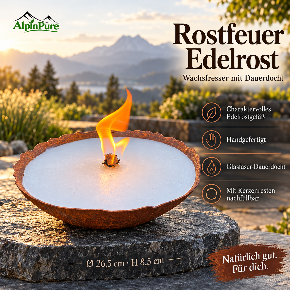 Rostfeuer / Edelrost Schmelzlicht mit Dauerdocht